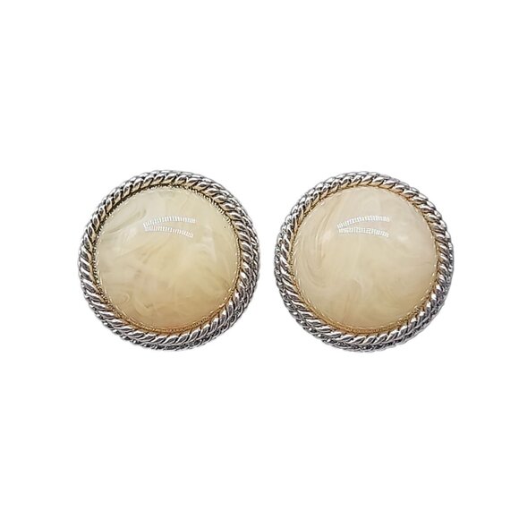 Oscar Del La Renta Marbled Glass Button Clip On Earrings Etched Silver Tone VTG